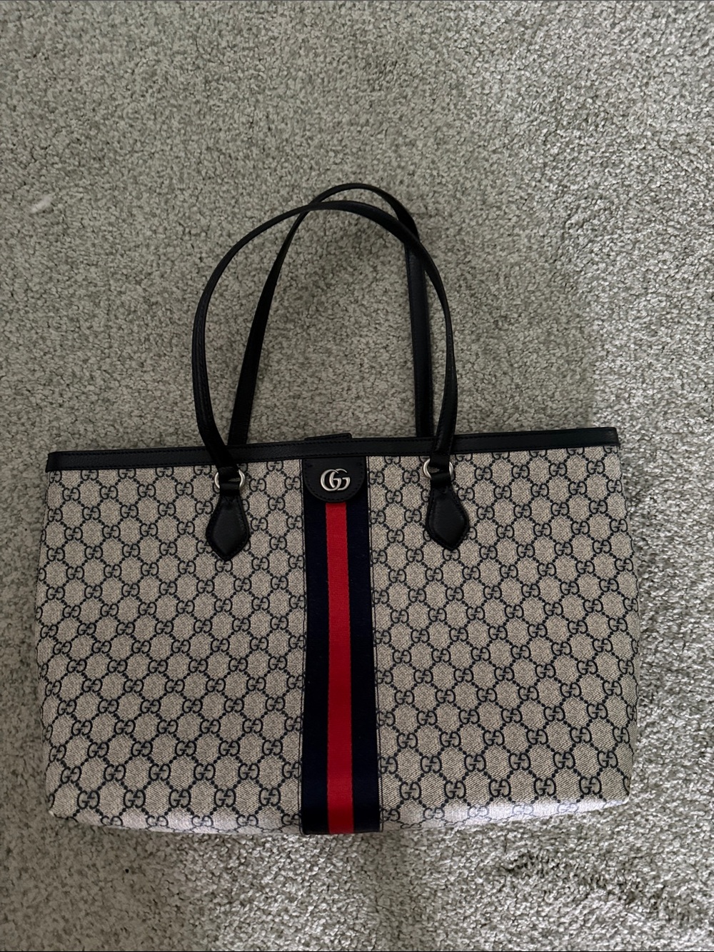 Gucci Beige GG Canvas Tote with Navy and Red Center Stripe - EXCELLENT condition
